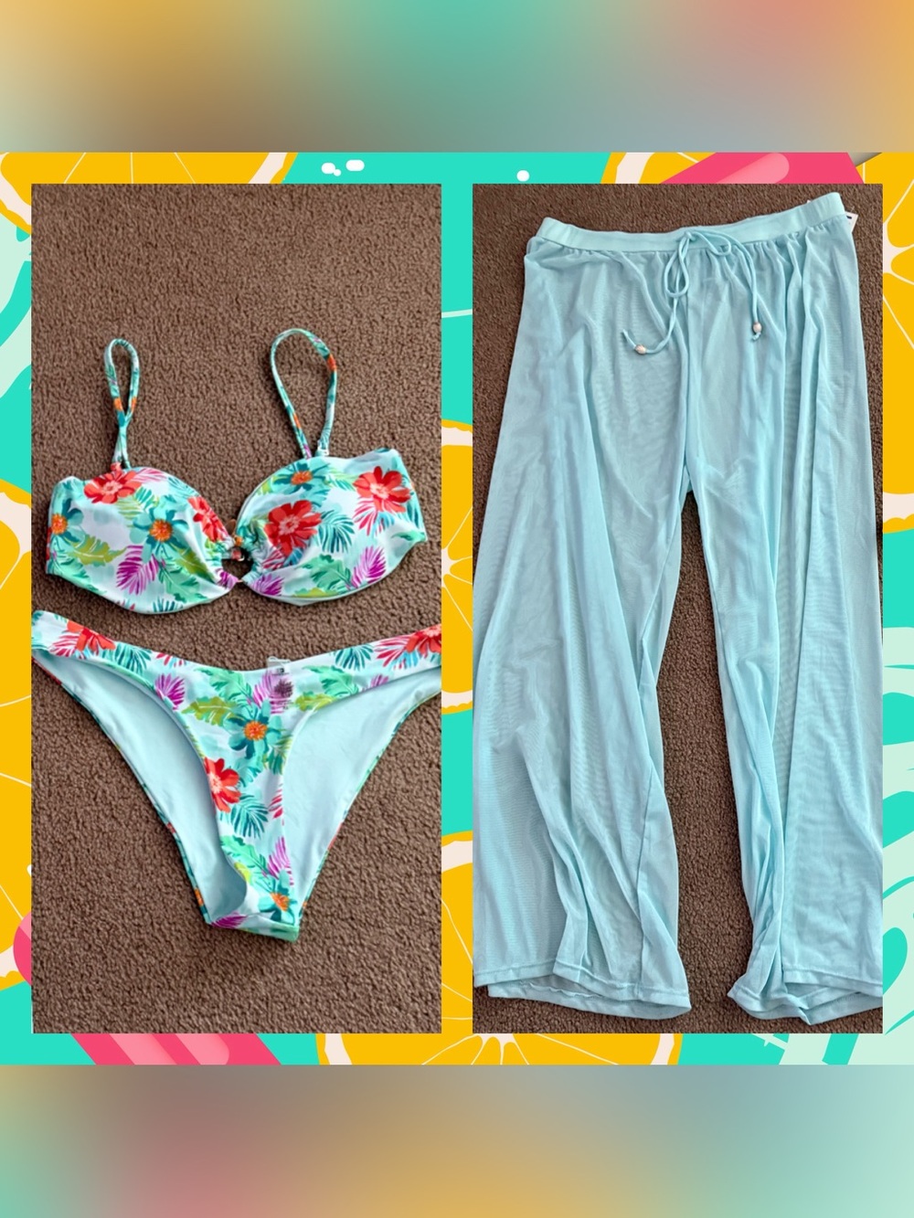 TiniBikini Light Aqua Floral Bikini Set with Sheer Aqua Beach Pants